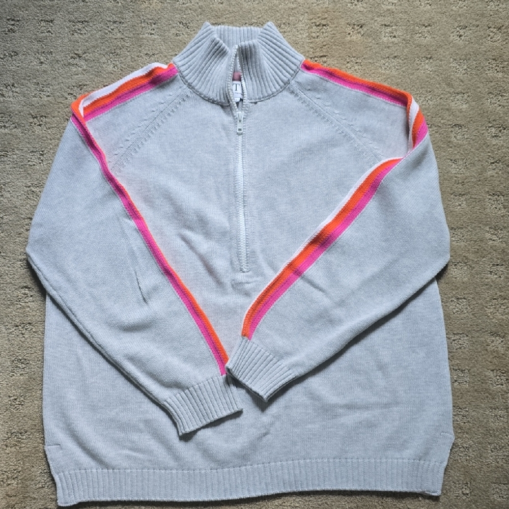 Womans Half Zip Gray Sweater with Pink and Orange Stripes On Sleeves.